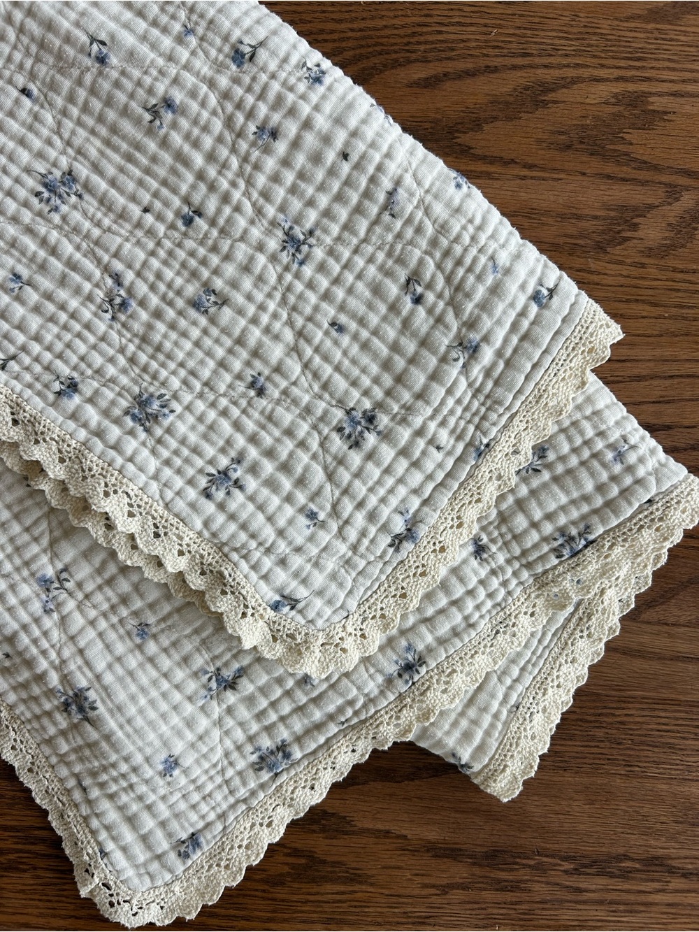 Ellie & Layne Quilted Floral Cotton baby Blanket with Lace Edge - White & Blue
